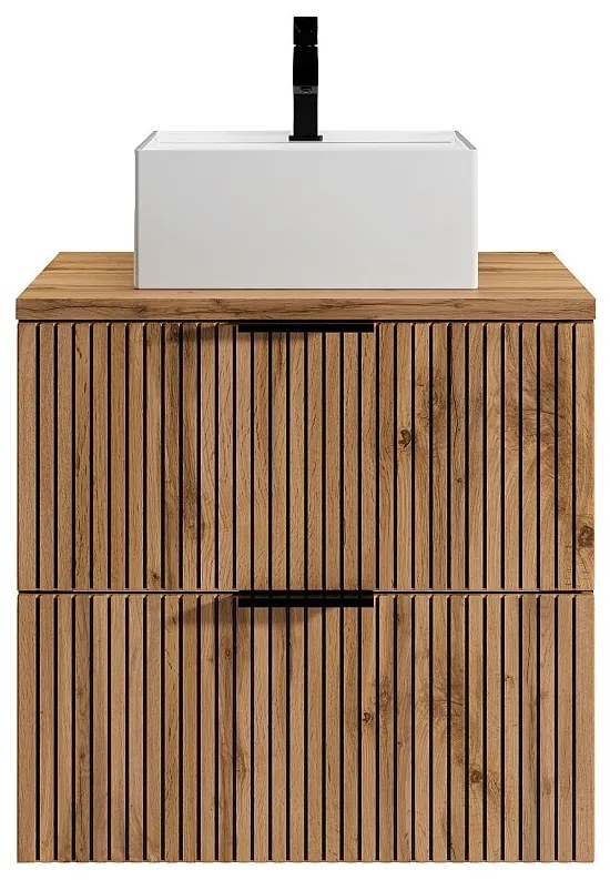 Wisząca szafka łazienkowa z prążkowanym frontem i kwadratową umywalką nablatową – jasny naturalny i czarny – 60 cm – MADELA