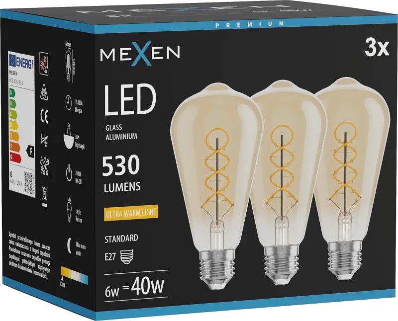 Mexen Vintis 3x żarówka filament spirala LED E27, ST64, 6W, Ciepła - 2200K, 530 lm, amber - L162-E27-0622-50x03