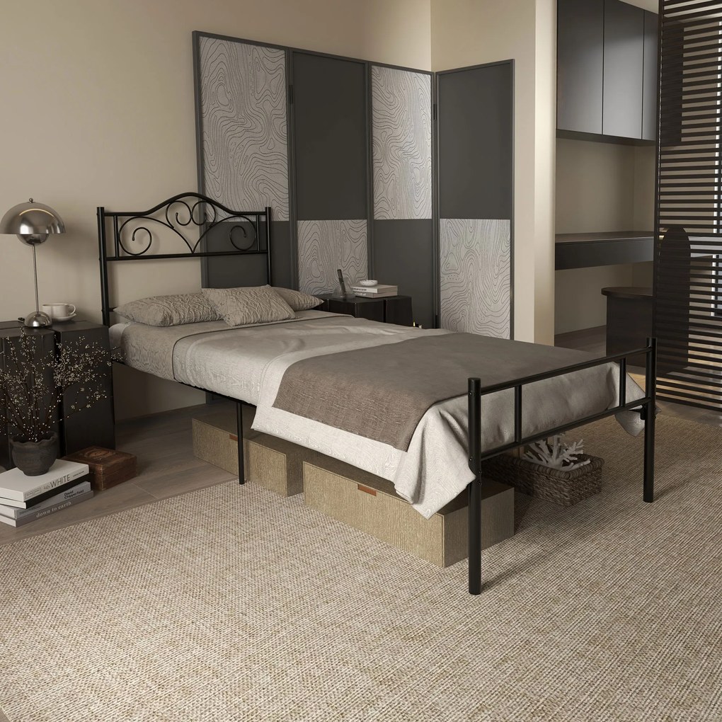 HOMCOM Rama łóżka pojedynczego ze stali z zintegrowanymi listwami, zagłówkiem i podnóżkiem, 90x200cm | Aosom PL