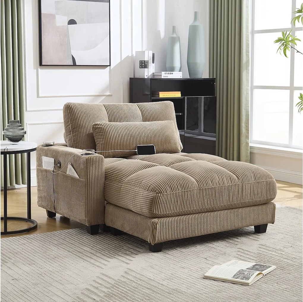 Sofa 1-osobowa z podłokietnikami - Sofa relaksacyjna z 2 uchwytami na kubki i kieszeniami bocznymi - sztruks khaki