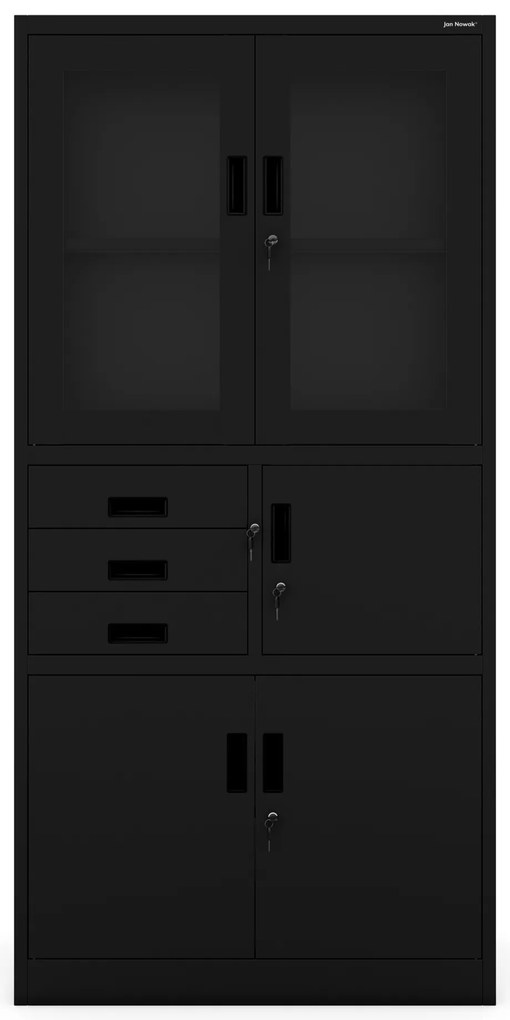 Szafa biurowa metalowa z sejfem, szklane drzwi, czarna, 900x1850x400 mm: FILIP