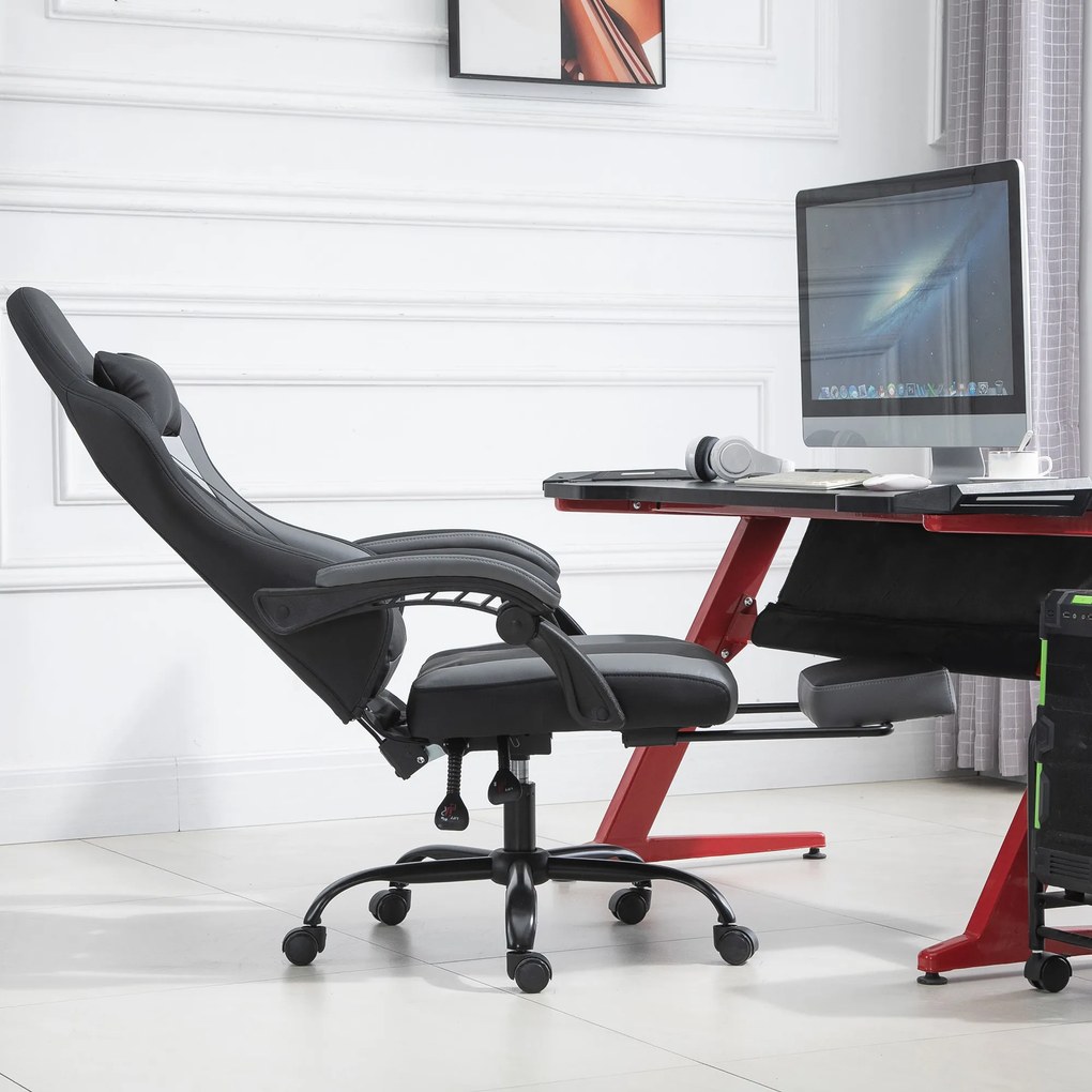 Vinsetto Ergonomiczne krzesło gamingowe z podnóżkiem krzesło biurowe do biurka czarne | Aosom PL
