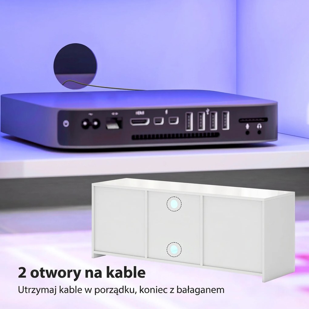 HOMCOM Stolik RTV z LED biała szafka pod telewizor do salonu z półką szklaną i otworami na kable | Aosom PL