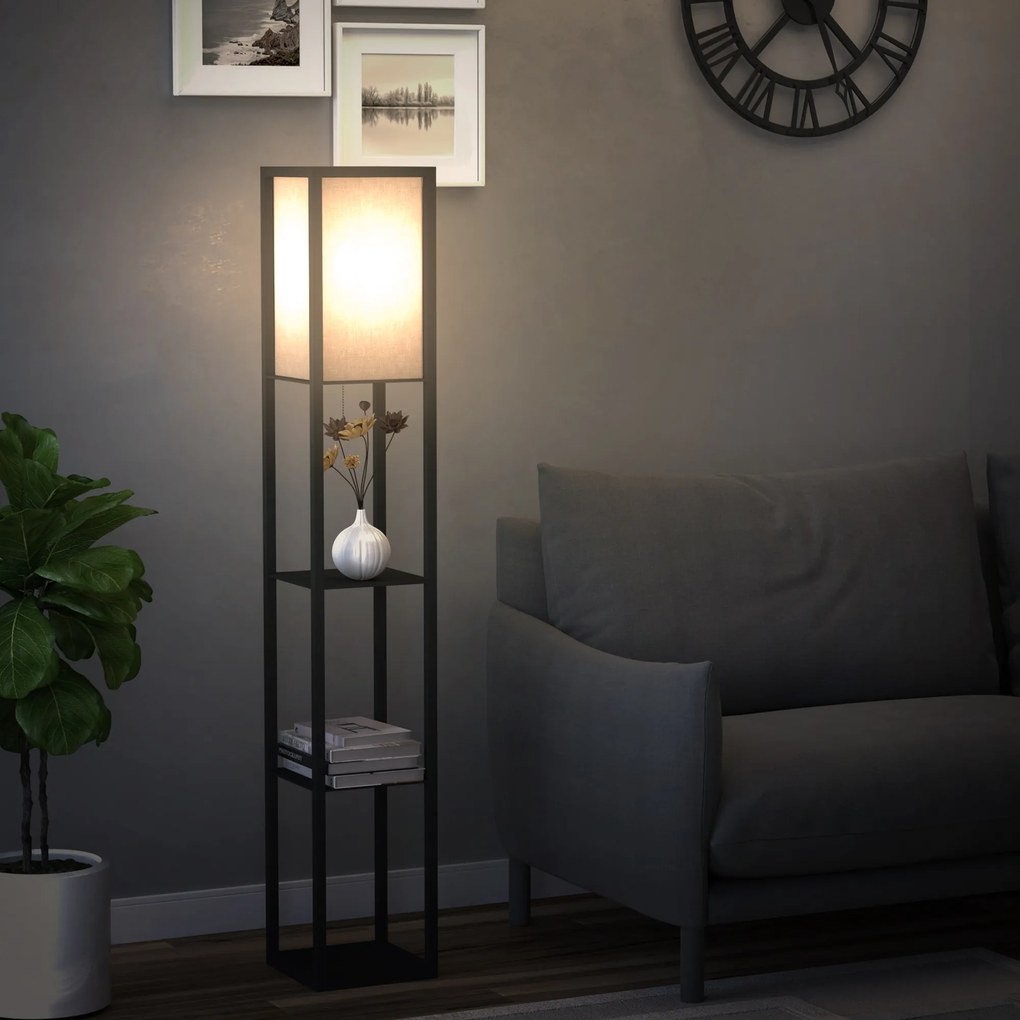 HOMCOM Lampa Stojąca z Półkami Oświetlenie Wewnętrzne E27 Drewno Czarne 26x26x160cm | Aosom PL