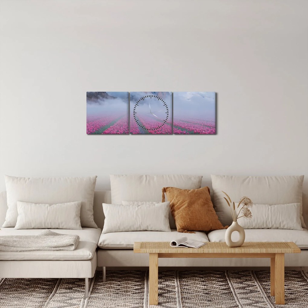 Obraz - Krajobraz z polami tulipanów (z zegarem) (90x30 cm)