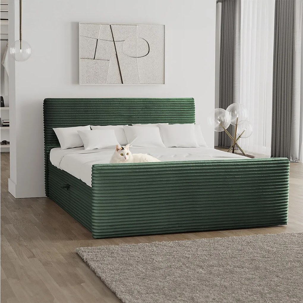 Łóżko kontynentalne z pojemnikiem i topperem TRENTO, pluszowy sztruks VELO, 140x200 cm, Zielony, H3-Bonell