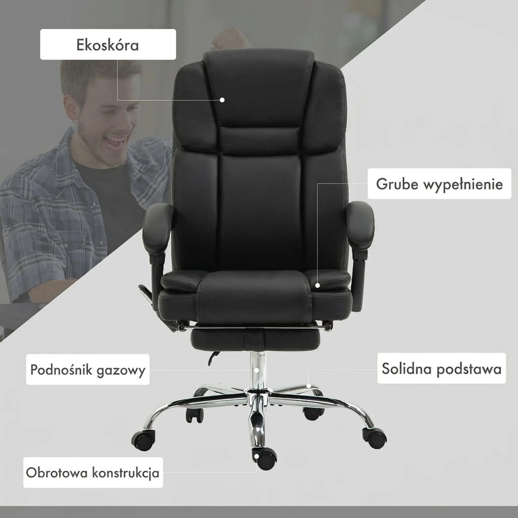 Vinsetto Regulowany Fotel Biurowy z 6 Punktami Masażu, Funkcją Ogrzewania, Podnóżkiem, Skóra Ekologiczna, Czarny
