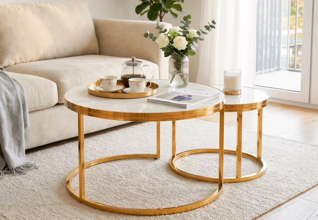 Zestaw stolików kawowych Kiegi marmur / złoty – nowoczesny design, elegancki