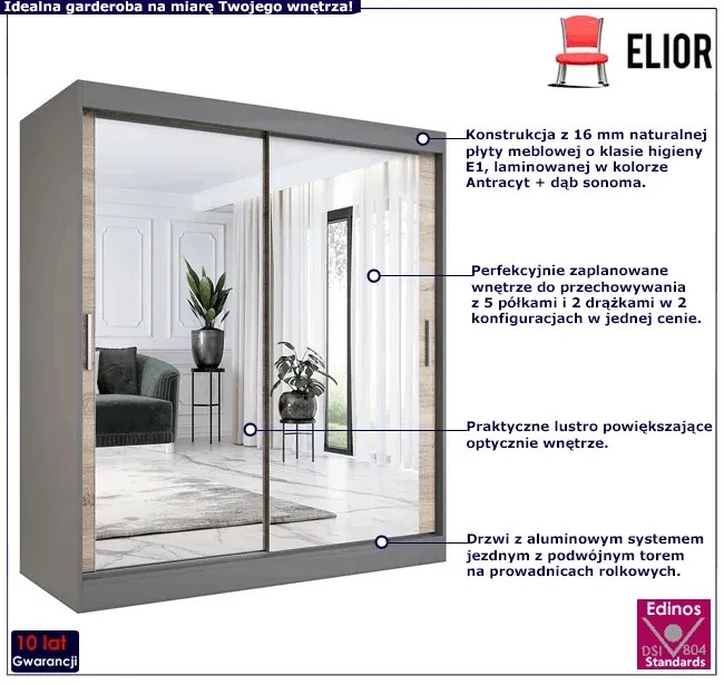 Szafa przesuwna z lustrami 180 cm antracyt + dąb sonoma- Kukkin 5X
