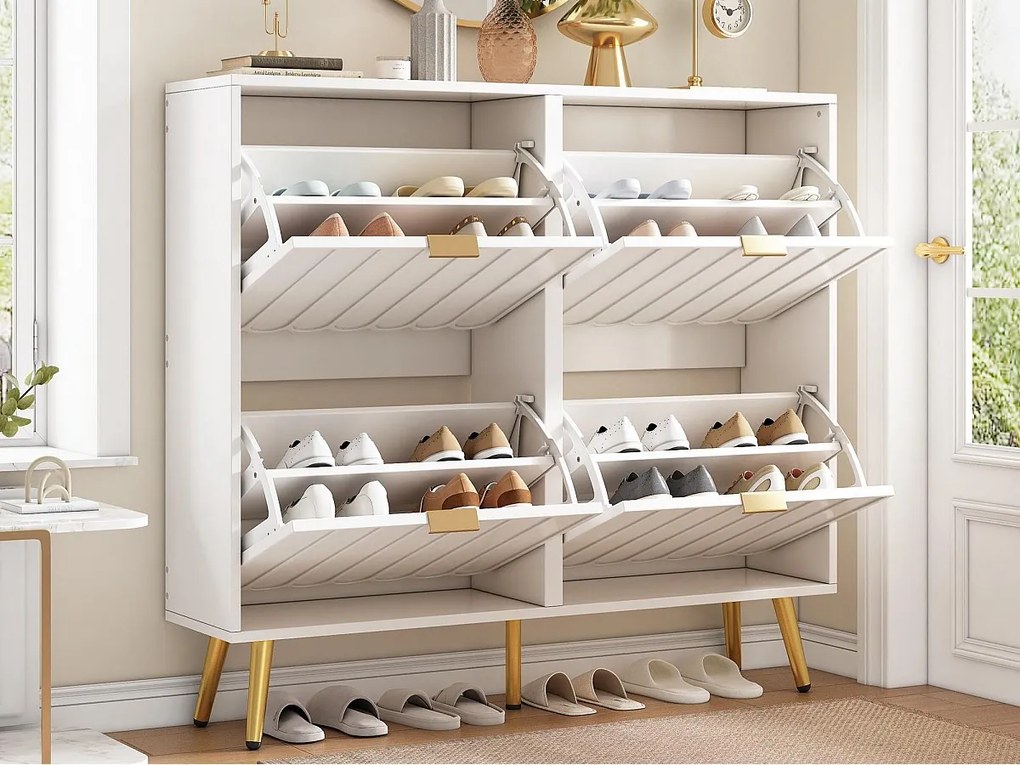 Szafa na buty 100x24x91,25cm - z 4 drzwiami uchylnymi - półka 8-poziomowa - uchwyt metalowy - Biały