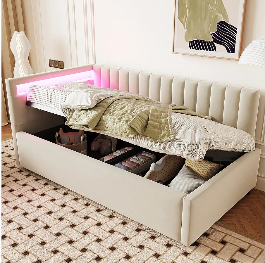 Łóżko z pojemnikiem 90 x 200 cm i wymiennym zagłówkiem - LED - Aksamit - Beż