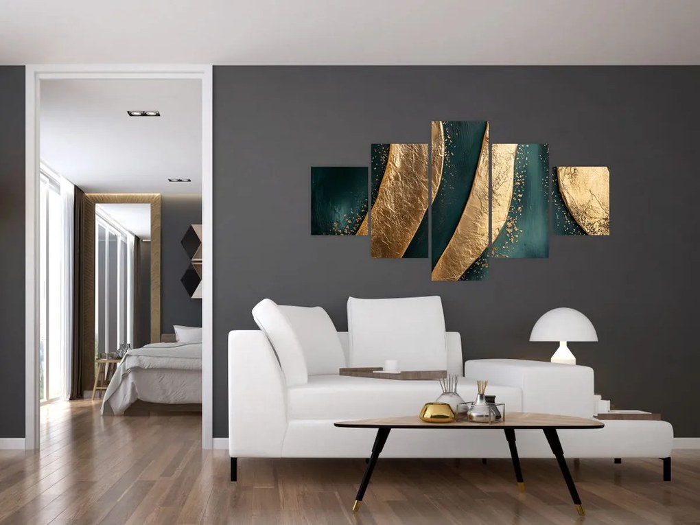 Obraz - Zielona abstrakcja ze złotem I. (125x70 cm)