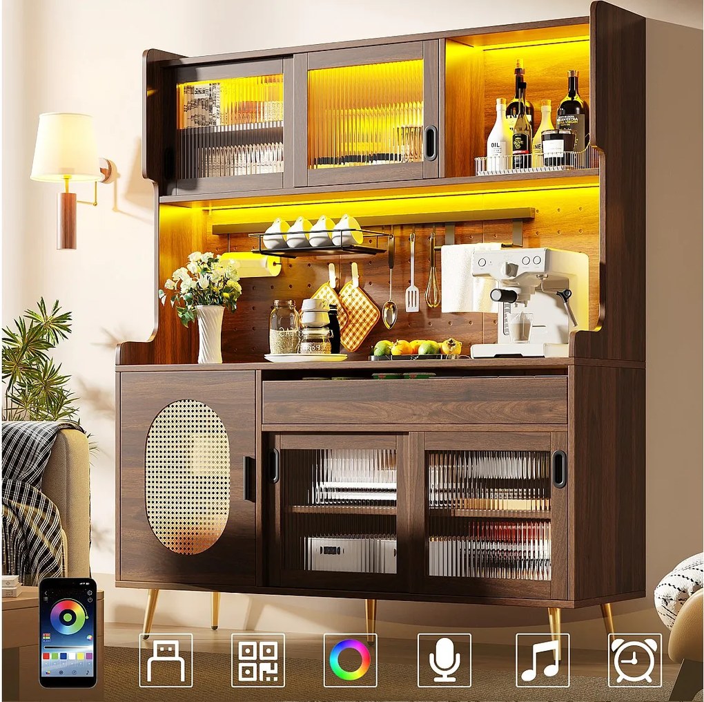 Kredens kuchenny w stylu rustykalnym - 145 x 39 x 171 cm - z 5 drzwiami + diody LED + panel do przechowywania + szuflada - MDF - brązowy