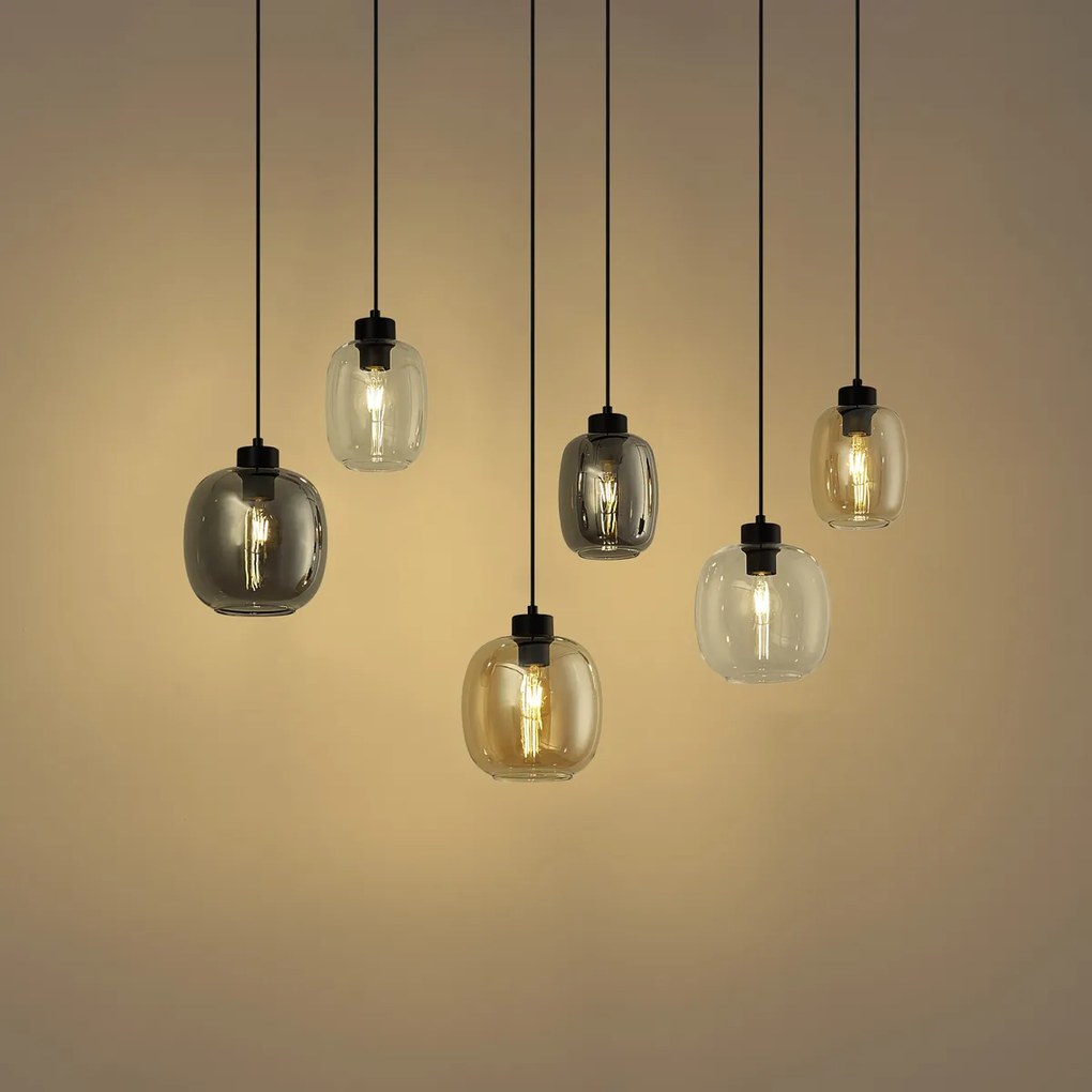 Lampa wisząca czarna z bursztynowym, przydymionym i przezroczystym szkłem, 6-punktowa - Elena