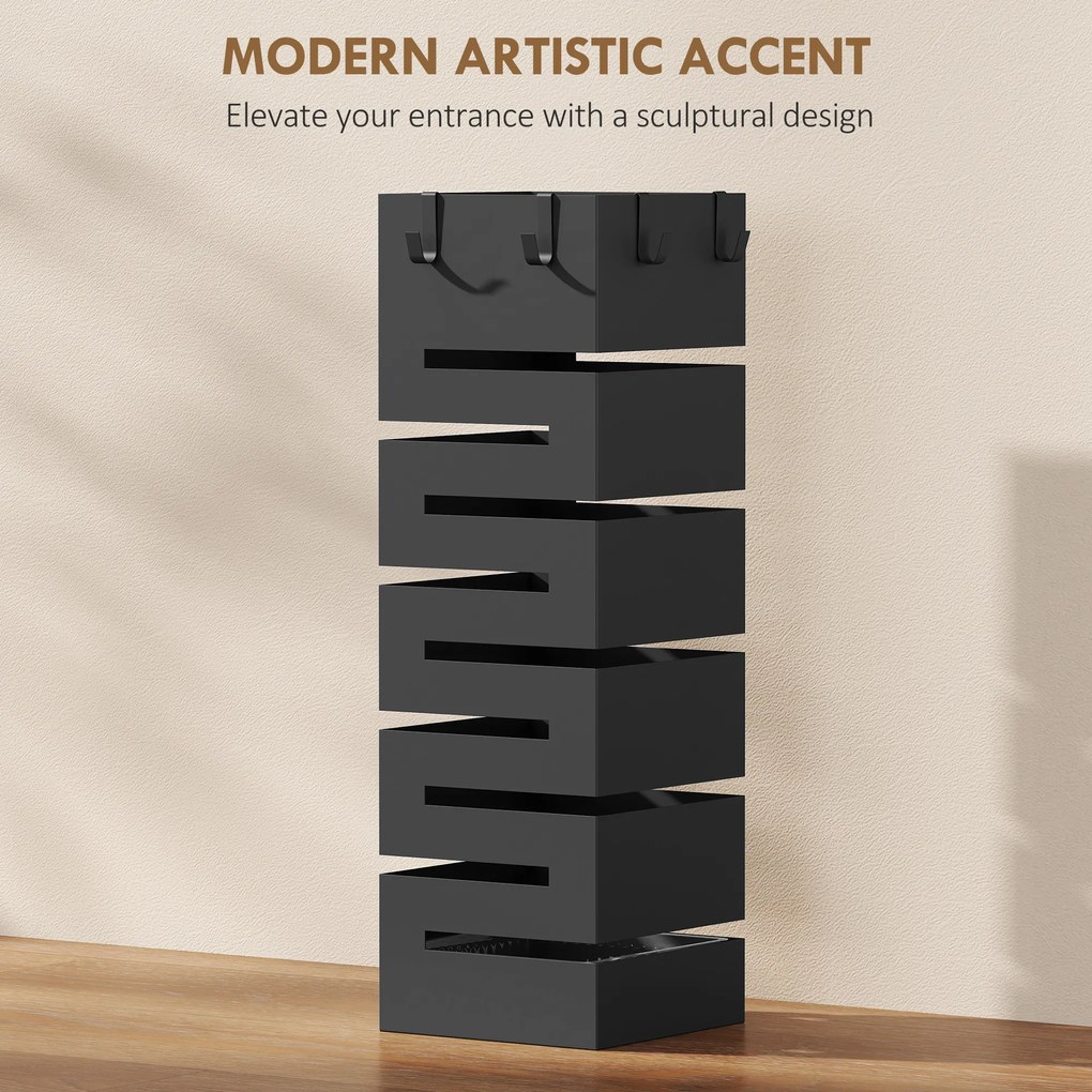 HOMCOM Stojak na parasole, metalowy stojak na parasole, wolnostojący stojak z haczykami i tacką ociekową, miejsce na 8 parasoli, czarny | Aosom PL