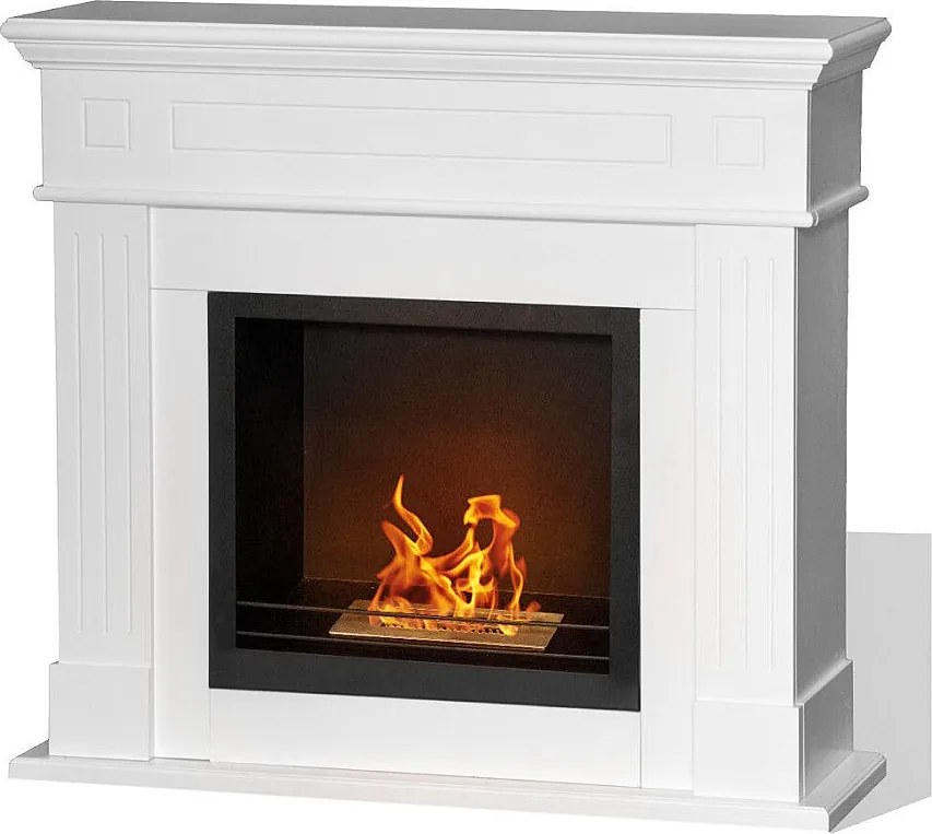 Kominek bioetanolowy Cambridge, stojący, z białego drewna, 110 x 37 x 102 cm.