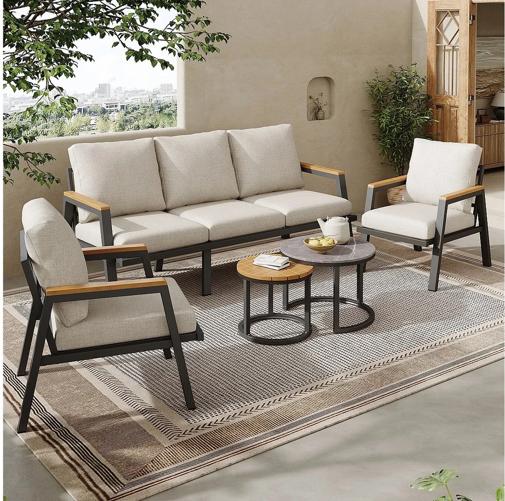 Zestaw mebli ogrodowych modułowych ze stali ocynkowanej - sofy 2-osobowe + 2 fotele z poduszkami - 2 stoliki kawowe szklane - szary