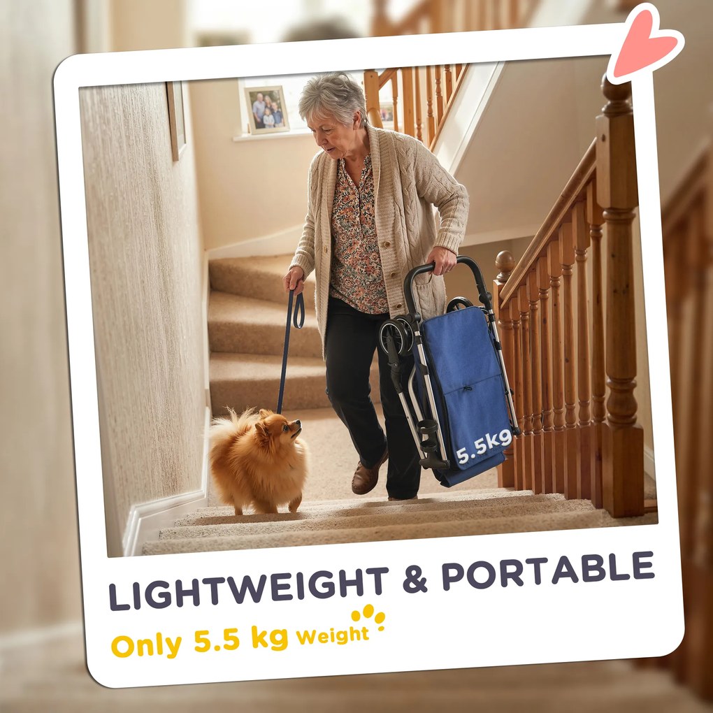 PawHut Wózek dla psów, lekki i składany transporter dla małych psów, zdejmowana poduszka, okna z siatki, Ciemnoniebieski