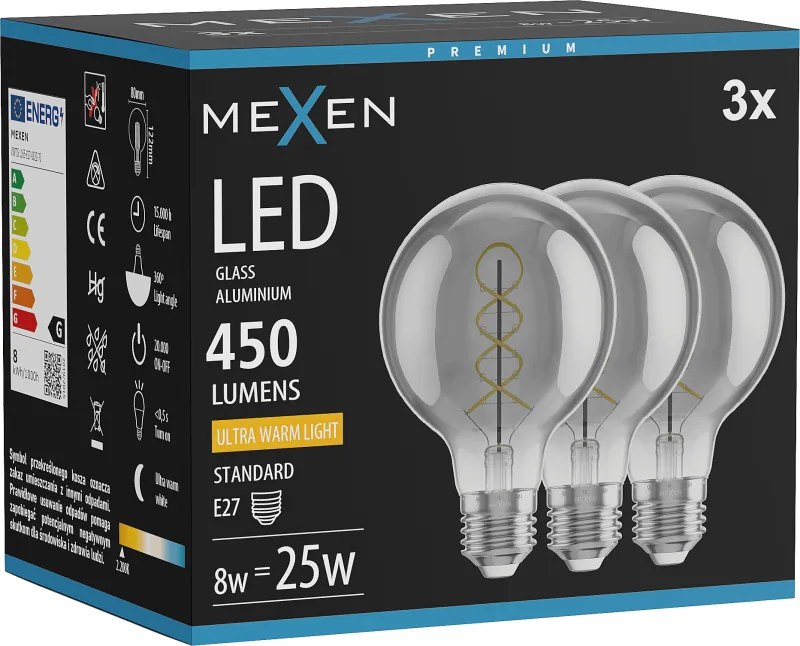 Mexen Vintis 3x żarówka filament spirala LED E27, G80, 8W, Ciepła - 2200K, 450 lm, smoke - L165-E27-0822-70x03