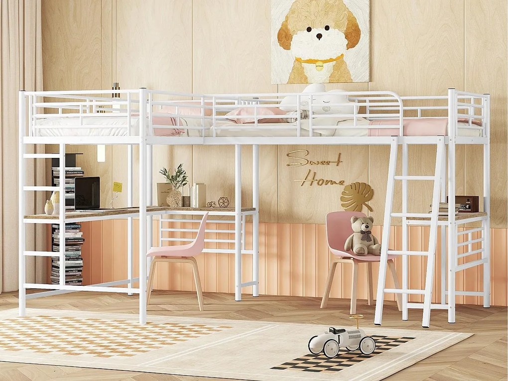 Łóżko na antresoli - 2 łóżka 90x200 cm - 2 biurka pod łóżkiem - Białe