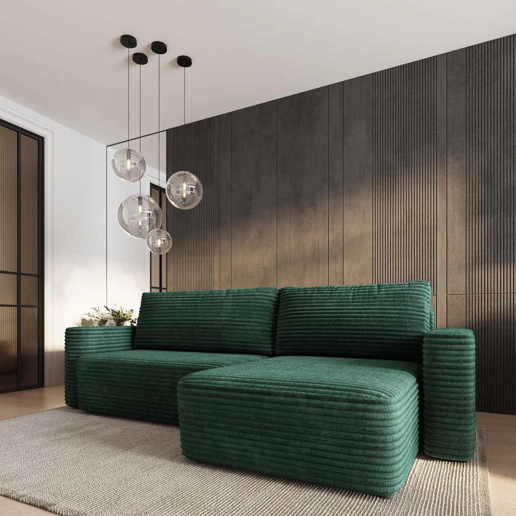 Masseno Narożnik TELIN z funkcją spania i pojemnikiem na pościel Narozniki L, Rozkładana sofa - Butelkowa zieleń, TILIA 39