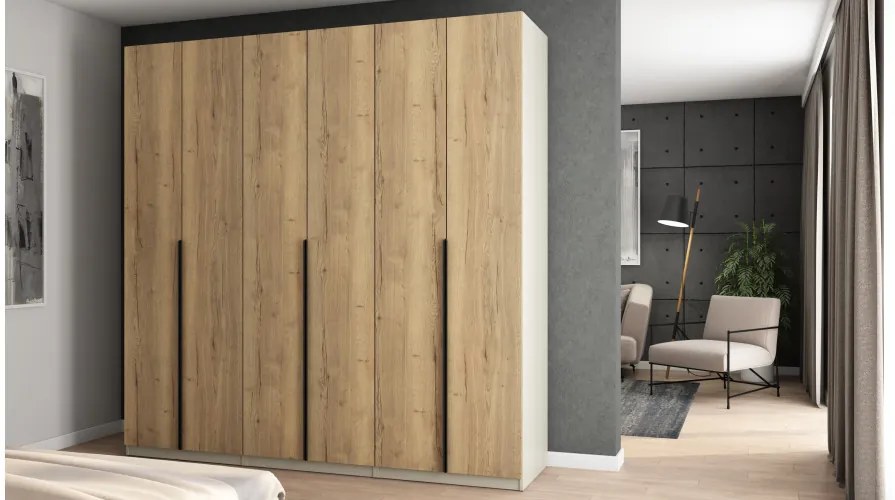 Szafa 6 drzwiowa otwierana 240 x 240 cm – Kaszmirowy Beż / Dąb Halifax z czarnymi uchwytami
