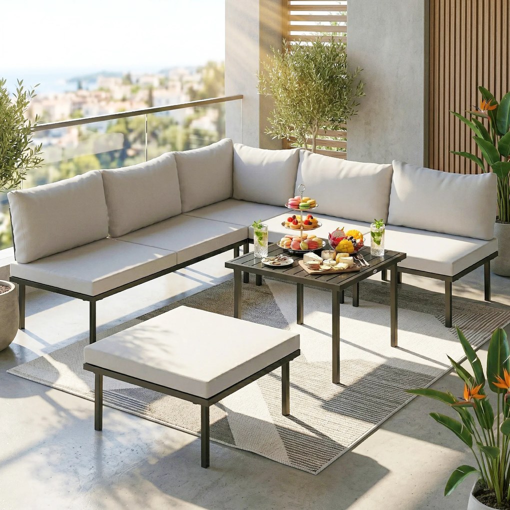 Outsunny Zestaw Mebli Ogrodowych 5-6 Osób Sofa Dwuosobowa, Krzesła, Narożnik, Stolik, Podnóżek | Aosom PL