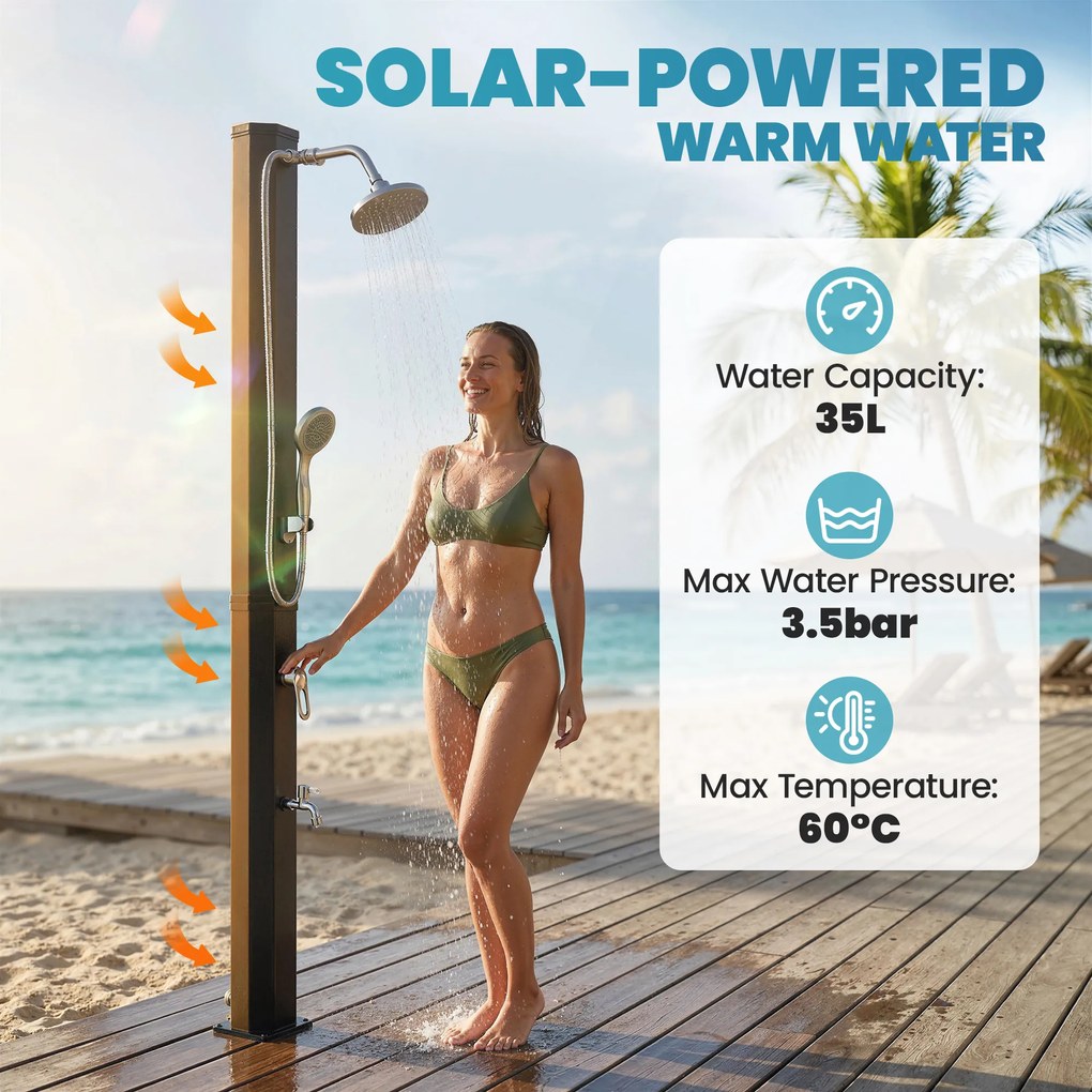 Outsunny Prysznic solarny 35L ogrodowy z ochroną przed mrozem, ruchomą głowicą prysznicową, kranem, przyłączem do węża ogrodowego | Aosom PL