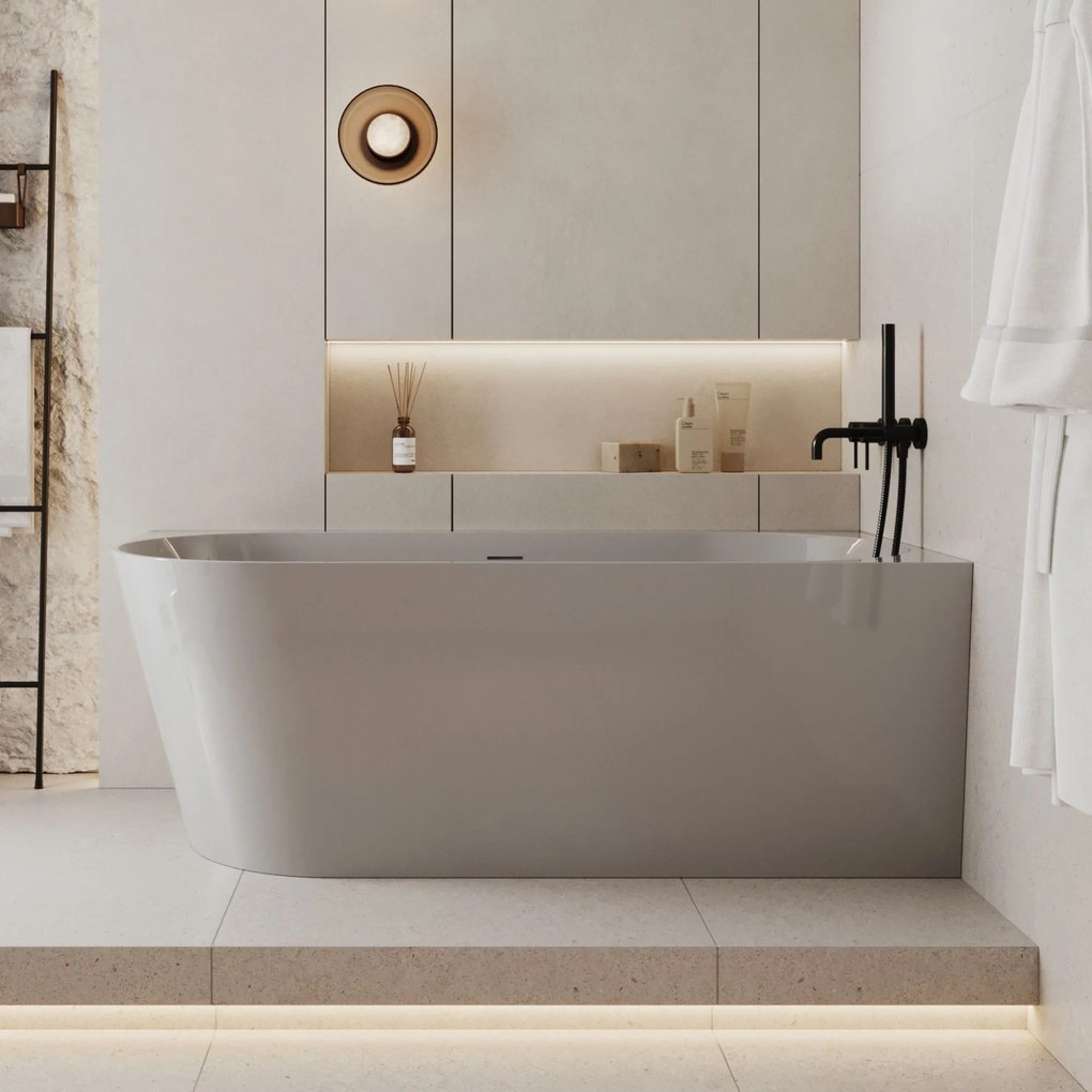 Wanna wolnostojąca narożna prawa konglomerat beżowa błyszcząca 160 x 75 cm WALL Beige Glow z przelewem typu SLIM : Kolor wanny - Szary połysk