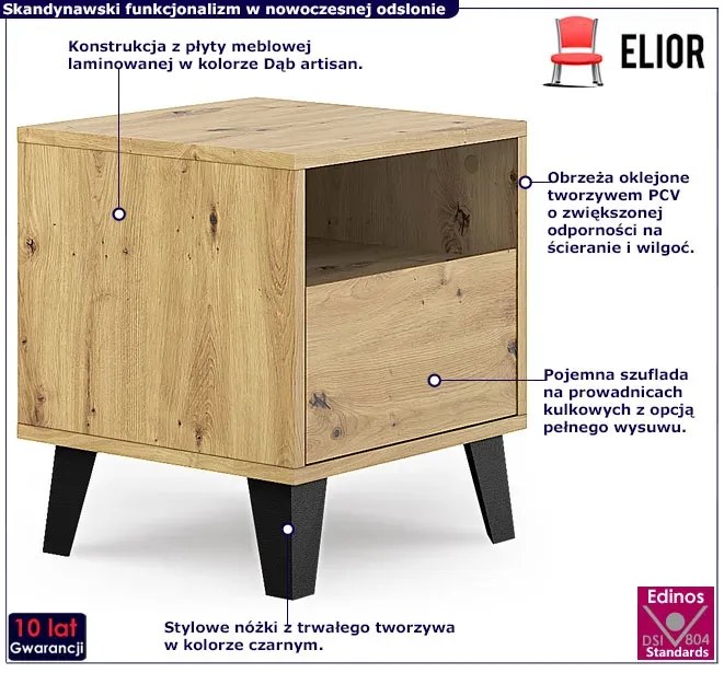 Szafka nocna na nóżkach z szufladą dąb artisan - Bilgo 7X