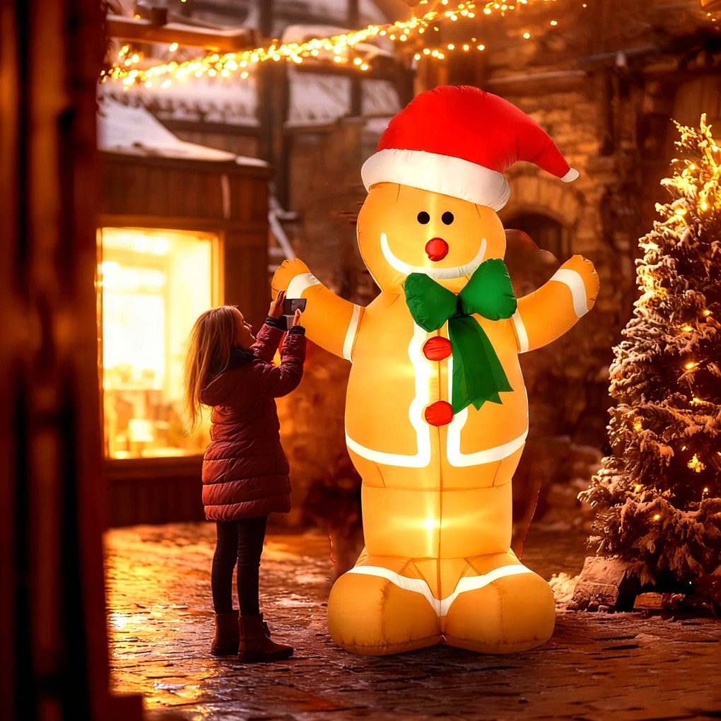 HOMCOM Nadmuchiwana dekoracja 183 cm – Piernikowy ludzik z kokardą, 3 LED, wbudowana dmuchawa