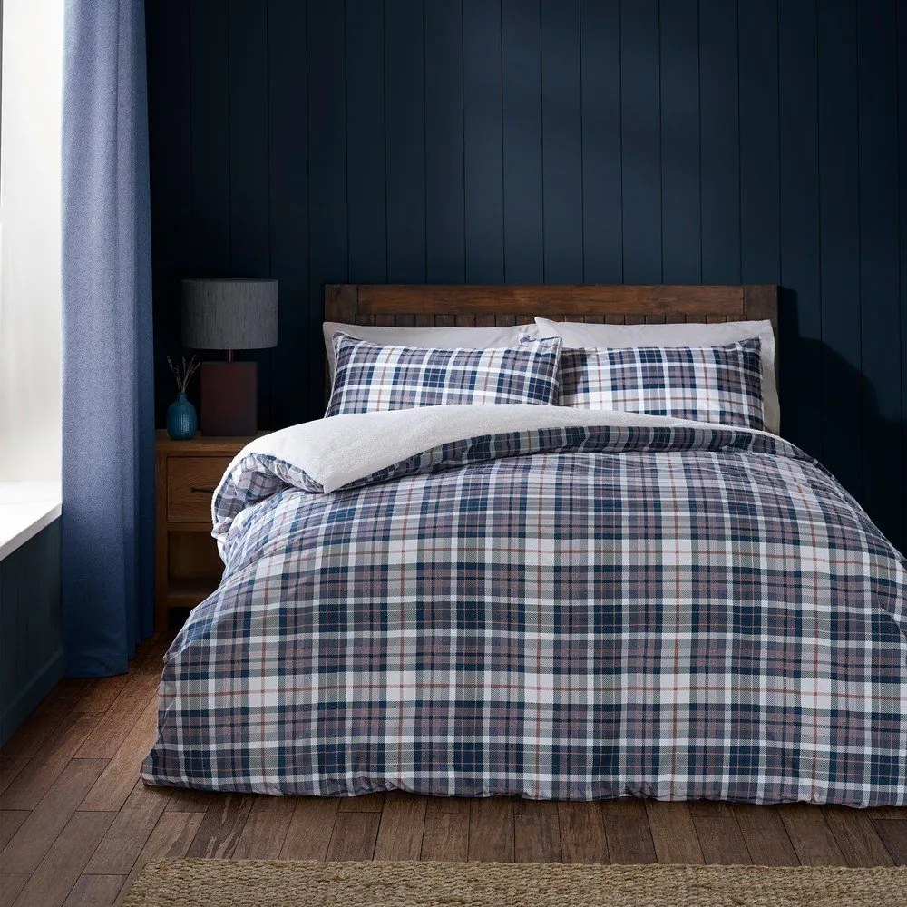 Niebiesko-beżowa pościel dwuosobowa z materiału sherpa 200x200 cm Cosy Sherpa Check – Catherine Lansfield
