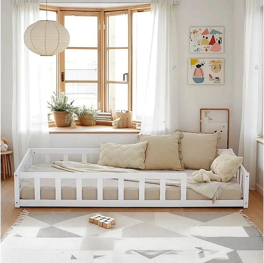Łóżko podłogowe dla malucha 90x200 cm białe Montessori z barierkami