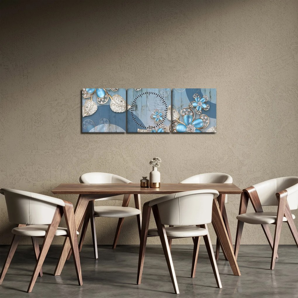 Obraz - Niebieskie kwiaty (z zegarem) (90x30 cm)