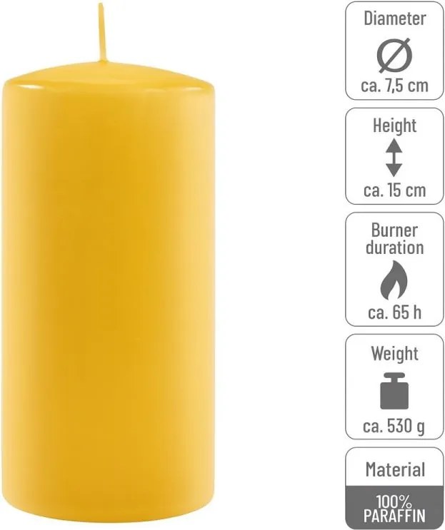 Zestaw świec słupkowych, 15 cm, Ø 7,5 cm, żółty, 2 sztuki.