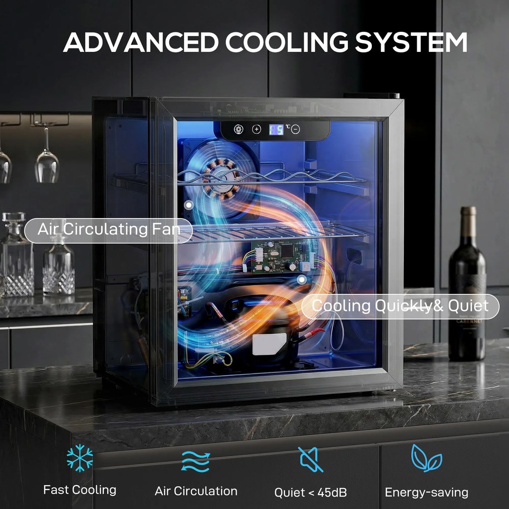 HOMCOM Chłodziarka na 12 butelek, 36 litrów, Zakres Temperatur 4-16°C, Mała Lodówka na Napoje i Piwo z Szklanymi Drzwiami i Oświetleniem LED | Aosom PL