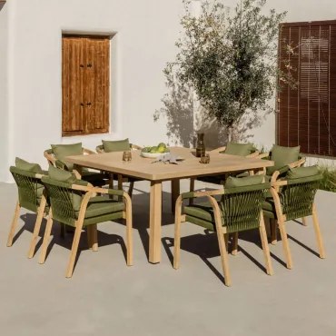 Zestaw Kwadratowy Stół 150x150 Cm I 8 Krzeseł Ogrodowych Z Podłokietnikami Z Drewna Akacjowego Dubai Verde Army & Rustykalny Brąz Akacjowy - Sklum