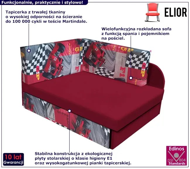 Czerwony narożnik rozkładany z pojemnikiem C2-P63