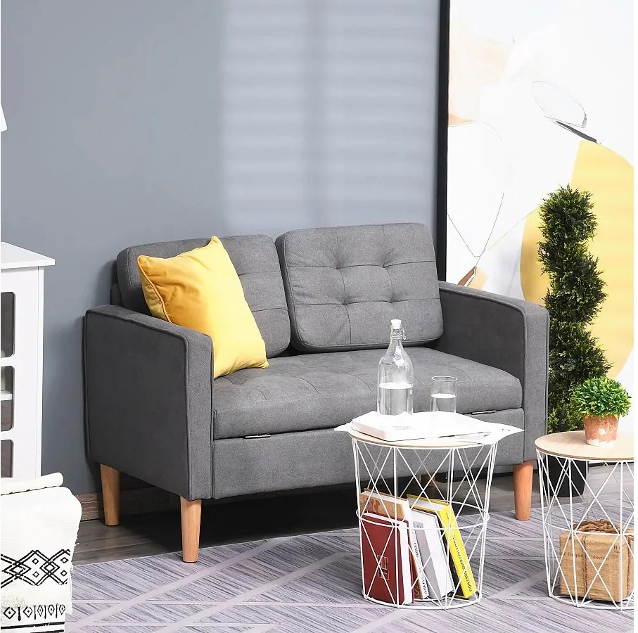 Ciemnoszara sofa 2-osobowa - Sofa ze schowkiem i poduszkami - do salonu i sypialni