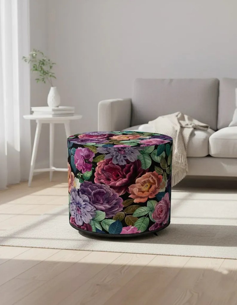 Okrągła Tapicerowana Zielono Różowa Pufa W Kwiaty L1-M59