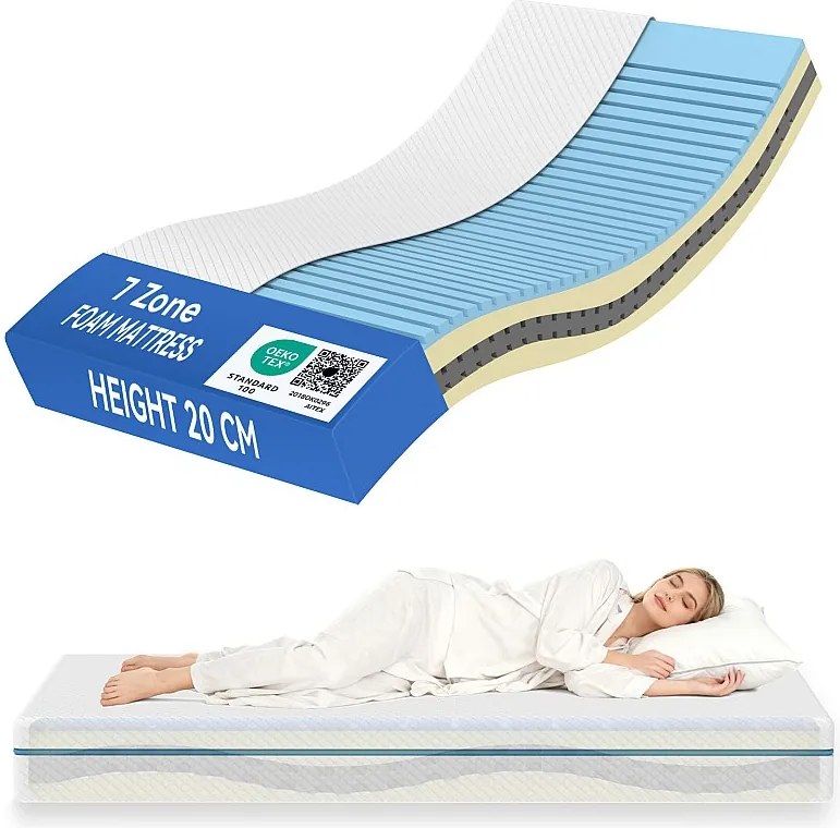 Zestaw 2 materacy 90 x 200 cm, grubość 20 cm, materac z pianki z pamięcią kształtu, ergonomiczny kształt litery S, 7 stref H3 średnia twardość, idealne wsparcie