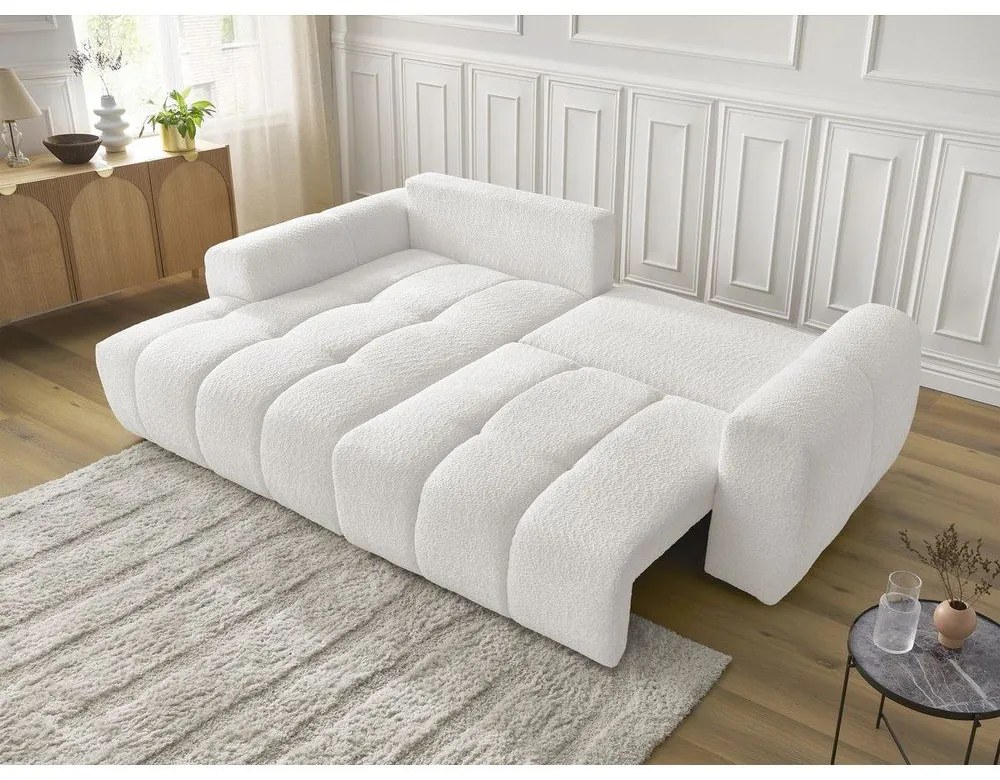 Biały rozkładany/ze schowkiem narożnik z materiału bouclé (lewostronny/z szezlongiem) Roxelane – Bobochic Paris