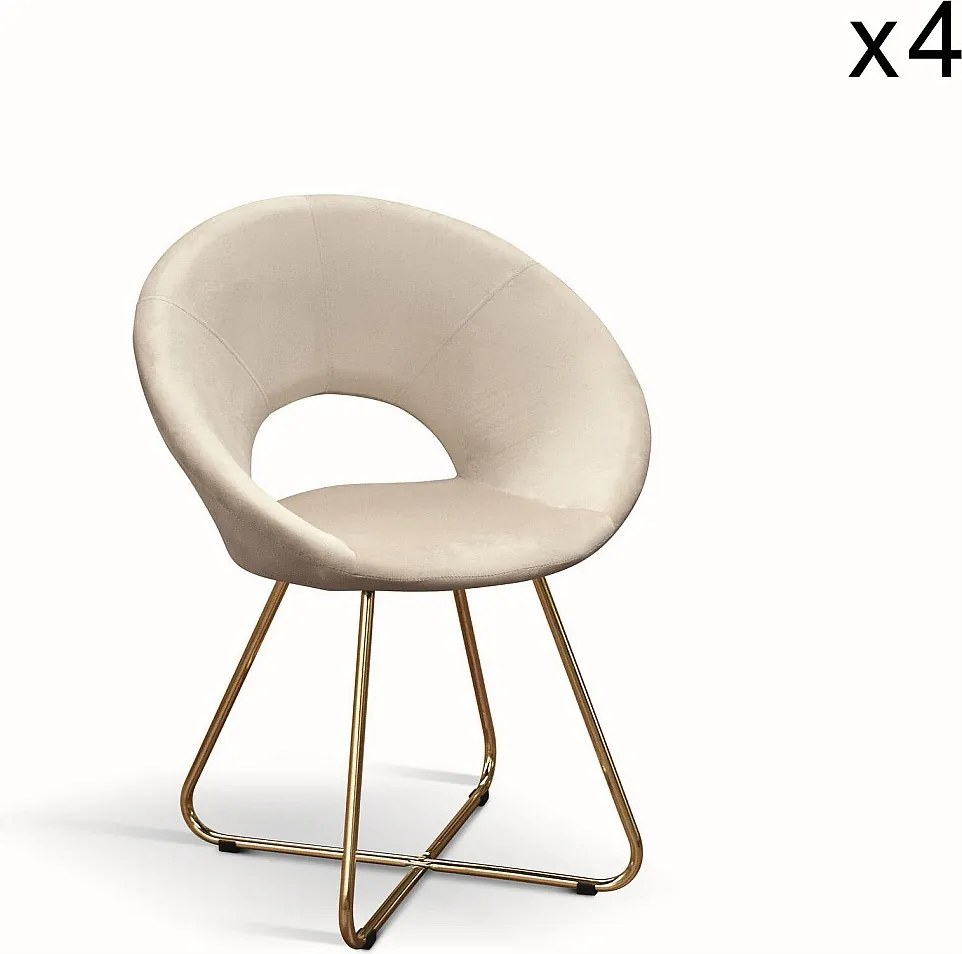 Zestaw 4 beżowych foteli z tkaniny z efektem aksamitu, złota metalowa podstawa - ZANTE