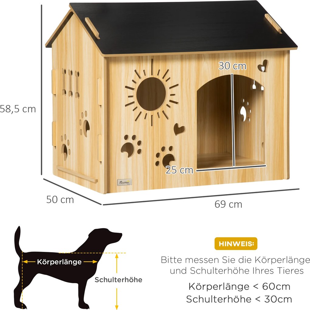 PawHut Buda dla psa, z otworami wentylacyjnymi, odporna na warunki atmosferyczne, materiał z drewna, Czarny+Dąb, 69 x 50 x 58,5 cm