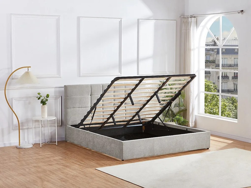 Łóżko ze skrzynią 200 x 200 cm - Tkanina - Szary - HOPEYA Pascala Morabito