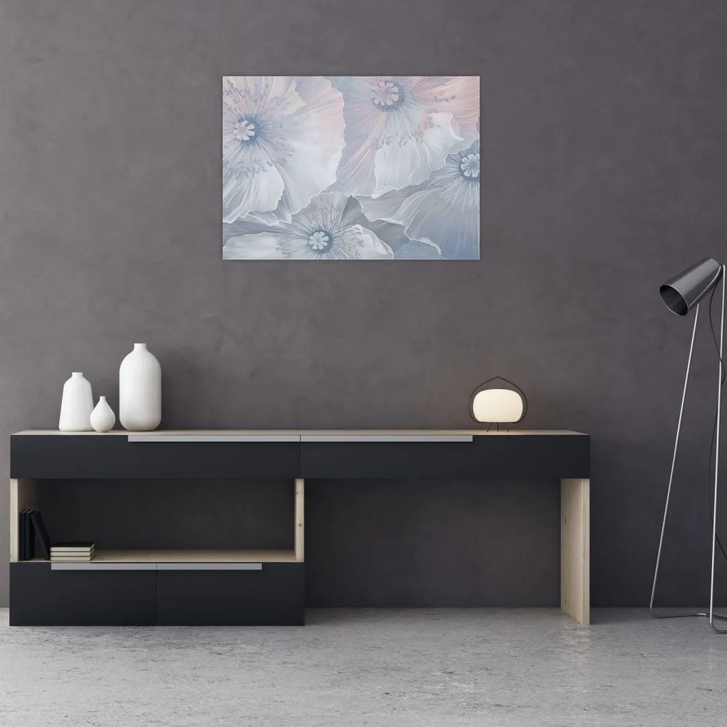 Obraz na szkle - Niebieskie kwiaty na ścianie (70x50 cm)