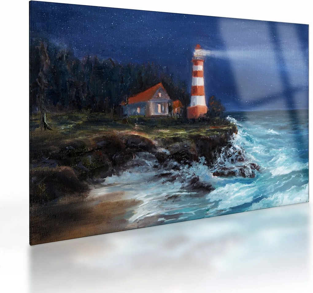 Obraz na szkle - Latarnia morska na brzegu oceanu, akwarela (70x50 cm)