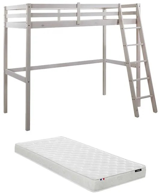Łóżko antresola GEDEON II – 90 × 190 cm – lite drewno sosnowe – kolor biały, w zestawie z materacem