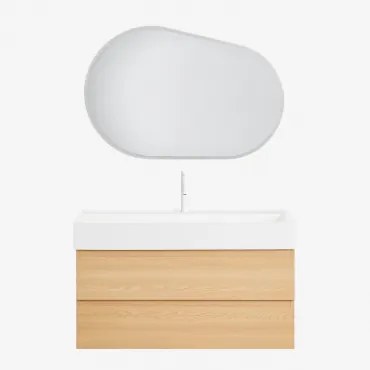 Zestaw Wiszących Mebli Łazienkowych Z Drewna I Forniru Jesionowego Zintegrowany Z Umywalką Ona Naturalna & Owalna Lampa Led I Przeciwmgielna 100x80 Cm