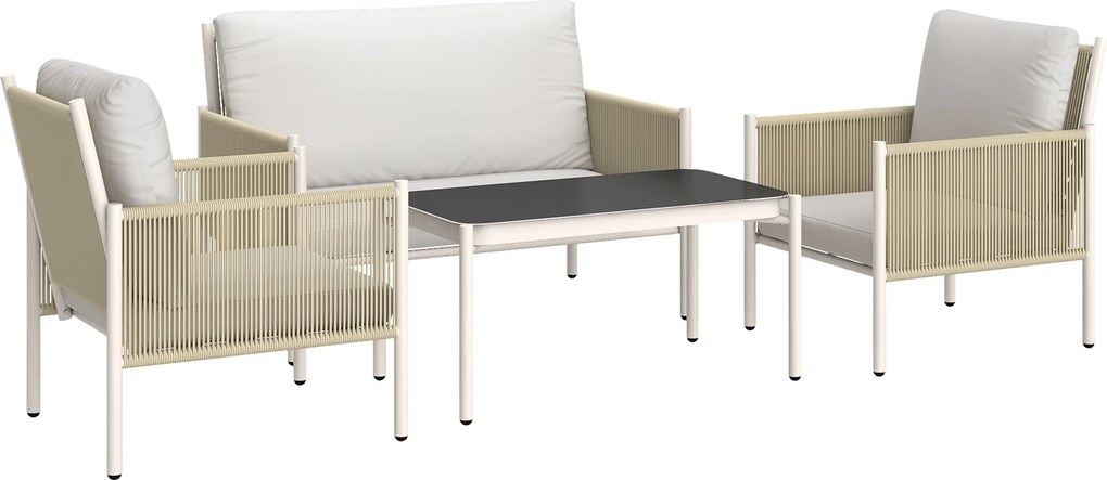 Kompletny Zestaw Mebli Ogrodowych z Polirotangu Outsunny z Sofą 2-osobową, Fotelami, Stolikiem, Poduszkami, dla 4 Osób, Brąz+Szary